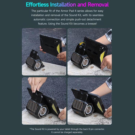 Ulefone Clip On Tablet Speaker Holder For Video Calls And Streaming showing clip-on installation and hands-free angled viewing