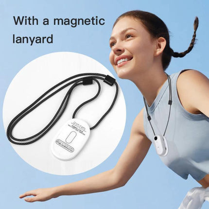 Compact Mini Sports Camera for Everyday Adventures and Sharing worn on a magnetic lanyard around a smiling woman’s neck, showing clip-on portable hands-free design