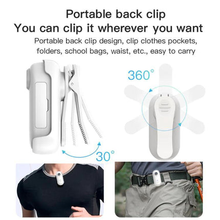 Compact Mini Sports Camera for Everyday Adventures and Sharing clipped to shirt and belt with 360° rotating portable back clip