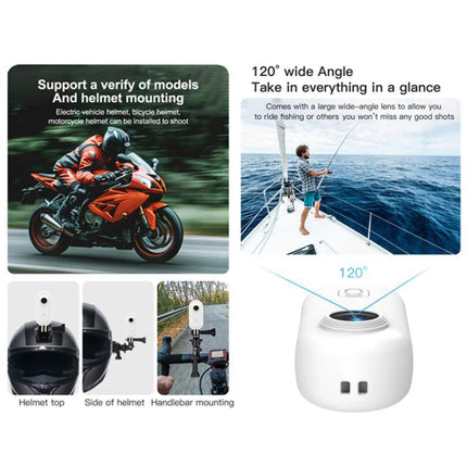 Compact Mini Sports Camera for Everyday Adventures and Sharing clipping to helmet and handlebar showing 120-degree wide-angle shots