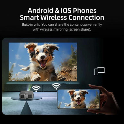 AUN Home Theater Projector with Smart Features for Family Viewing showing wireless mirroring from phone to large projected screen