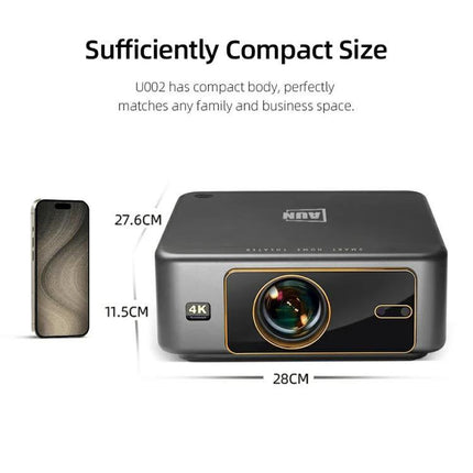 AUN Home Theater Projector with Smart Features for Family Viewing compact Full HD 1920x1080P projector showing dimensions and 4K badge