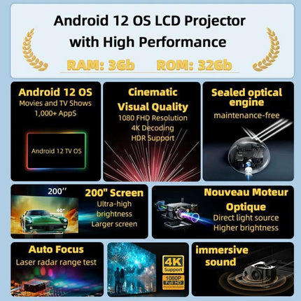 AUN Home Theater Projector with Smart Features for Family Viewing - Full HD 1080p, 4K compatible, 300" display, Android 12 smart features