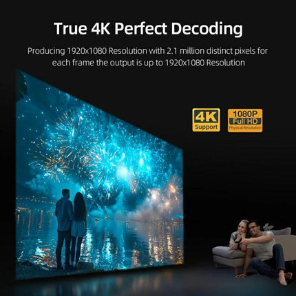AUN Home Theater Projector with Smart Features for Family Viewing showing a couple watching vibrant 4K-compatible fireworks on a 300-inch screen