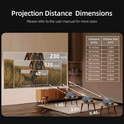 AUN Home Theater Projector with Smart Features for Family Viewing projecting up to 300 inches with distance and picture size guide