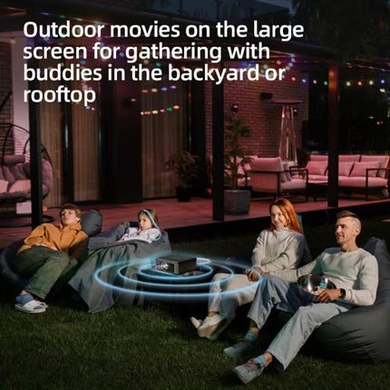 AUN Home Theater Projector with Smart Features for Family Viewing showing family watching outdoor movie night with projector on lawn, 300-inch projection, Full HD 1920x1080P