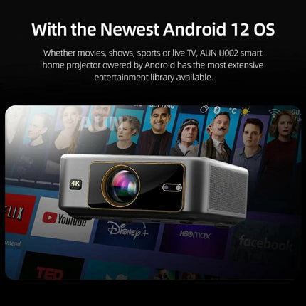 AUN Home Theater Projector with Smart Features for Family Viewing projecting Full HD 1920x1080P and 4K compatible visuals with Android 12