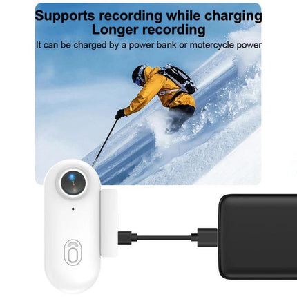 H88 Compact Sports Camera for Action and Daily Adventures showing skier POV, lightweight white camera clipped and charging from power bank