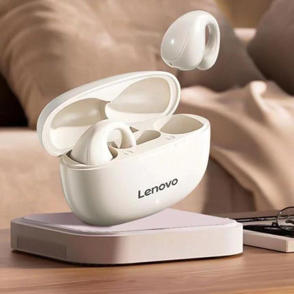 Lenovo TC3403 Open Ear Clip Type ENC True Wireless BT 5.3 Earphones shown in white with charging case on table, open lid
