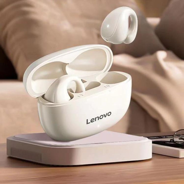 Lenovo TC3403 Open Ear Clip Type ENC True Wireless BT 5.3 Earphones shown in white with charging case on table, open lid