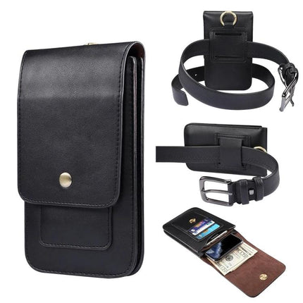 Men's Leather Phone Waist Bag For Everyday Hands Free Carry With Card Slots For Daily Errands - black slim leather belt phone pouch with card slots