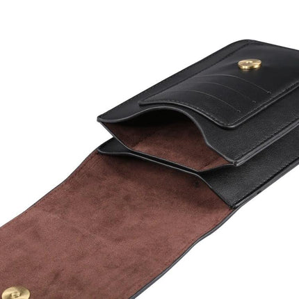 Men's Leather Phone Waist Bag For Everyday Hands Free Carry With Card Slots For Daily Errands — black leather slim belt pouch with card slots and suede lining