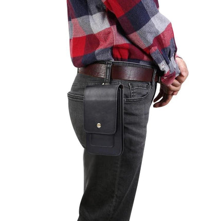 Men's Leather Phone Waist Bag For Everyday Hands Free Carry With Card Slots For Daily Errands shown mounted on belt in black leather
