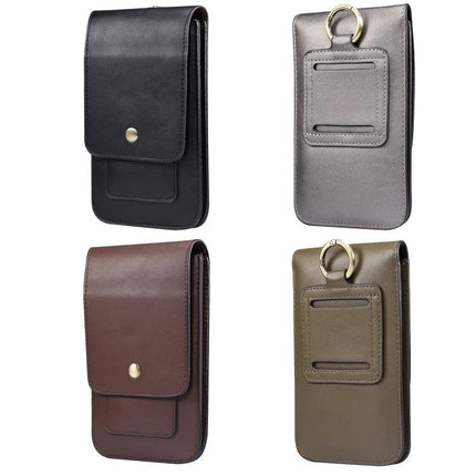 Men's Leather Phone Waist Bag For Everyday Hands Free Carry With Card Slots For Daily Errands slim leather belt phone pouch shown in black brown gray olive
