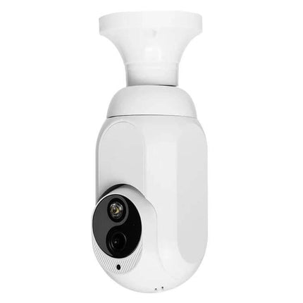 WiFi Bulb Security Camera with Night Vision for Home Monitoring showing white E27-mount 1080P bulb camera with lens and night vision sensors