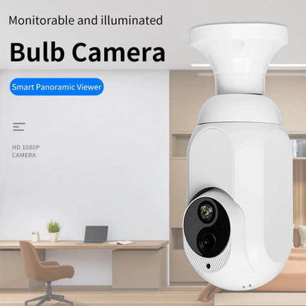 WiFi Bulb Security Camera with Night Vision for Home Monitoring installed in E27 socket showing 1080P live feed and motion alerts