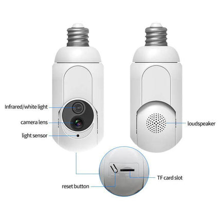 WiFi Bulb Security Camera with Night Vision for Home Monitoring - 1080P E27 screw-in bulb camera showing lens, IR light, speaker, TF card slot, reset button