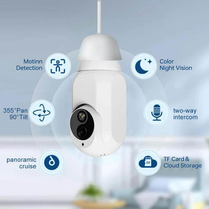 WiFi Bulb Security Camera with Night Vision for Home Monitoring hanging E27 smart bulb camera showing 1080P, night vision, motion detection, two-way audio