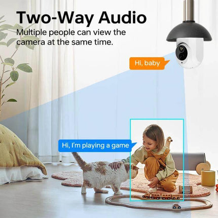 WiFi Bulb Security Camera with Night Vision for Home Monitoring showing two-way audio, 1080P live feed viewing child and cat in living room