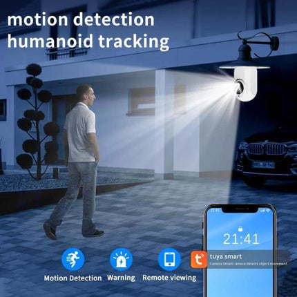 WiFi Bulb Security Camera with Night Vision for Home Monitoring monitoring driveway with motion detection, humanoid tracking and smartphone alerts