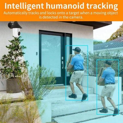 WiFi Bulb Security Camera with Night Vision for Home Monitoring showing humanoid tracking of a delivery person at front door, 1080P live feed