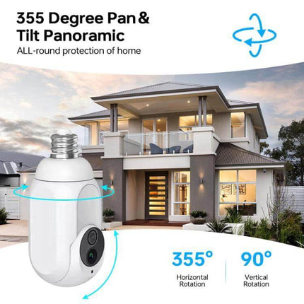 WiFi Bulb Security Camera with Night Vision for Home Monitoring showing 355° pan and 90° tilt, E27 screw-in 1080P smart home monitoring