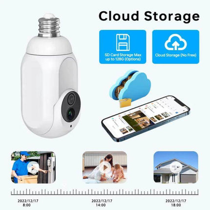 WiFi Bulb Security Camera with Night Vision for Home Monitoring showing E27 screw-in 1080P camera, app live view, motion alerts and cloud storage
