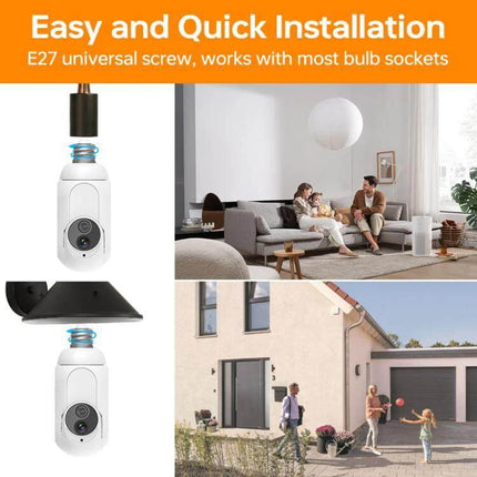 WiFi Bulb Security Camera with Night Vision for Home Monitoring — E27 screw-in 1080P smart bulb camera for living room, entryway, outdoor-view
