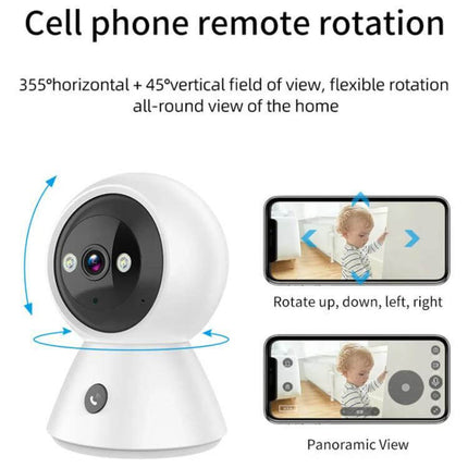 K11 Wireless Home Security Camera with Night Vision showing 355° rotation and smartphone panoramic view for baby monitoring