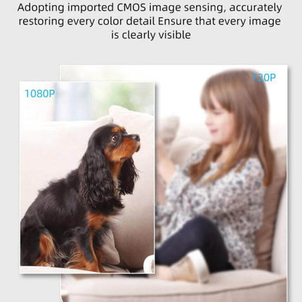 K11 Wireless Home Security Camera with Night Vision showing 1080P close-up of dog vs 720P living room view, highlights night vision and two-way audio
