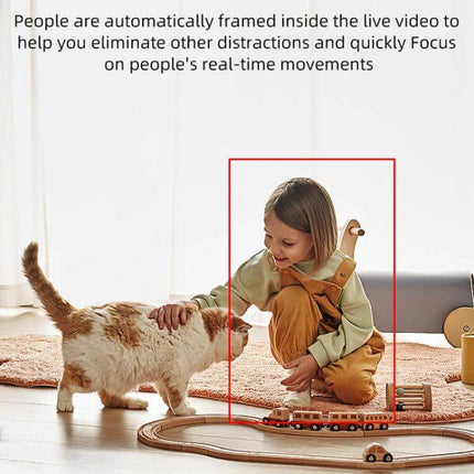 K11 Wireless Home Security Camera with Night Vision capturing child and cat with people-framing and motion detection in living room, 1080P HD remote monitoring