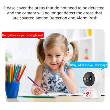 K11 Wireless Home Security Camera with Night Vision monitoring child drawing at table with two-way voice and motion detection