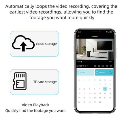 K11 Wireless Home Security Camera with Night Vision showing app video playback, cloud and TF card storage options for 1080P remote monitoring