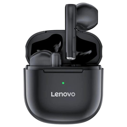 Lenovo Wireless Earphones For Commuting And Gym Use black earbuds in compact charging case for calls gym commuting
