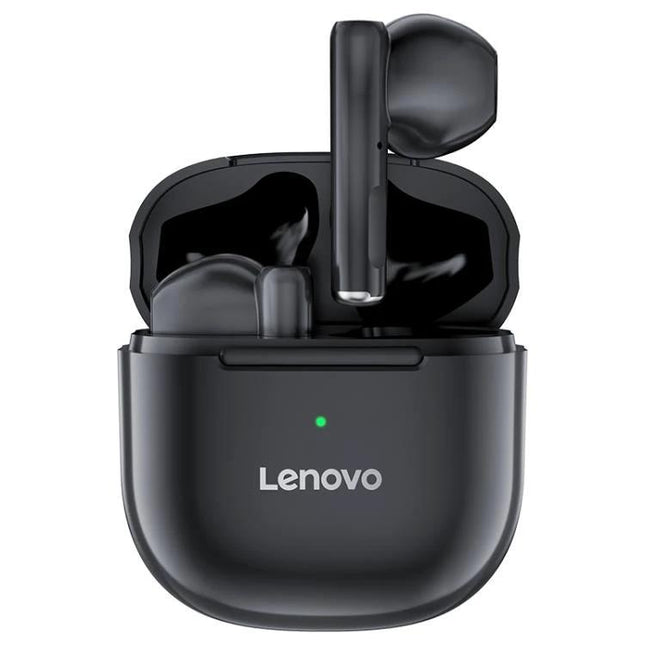 Lenovo Wireless Earphones For Commuting And Gym Use black earbuds in compact charging case for calls gym commuting