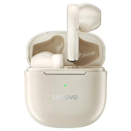 Lenovo Wireless Earphones For Commuting And Gym Use in white with compact charging case, touch controls, low-latency Bluetooth