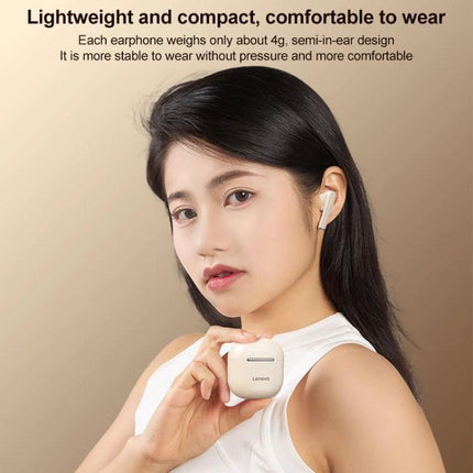 Lenovo Wireless Earphones For Commuting And Gym Use slim white earbuds with compact charging case shown on woman