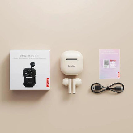 Lenovo Wireless Earphones For Commuting And Gym Use in white with compact charging case, cable and packaging, low-latency Bluetooth 5.3