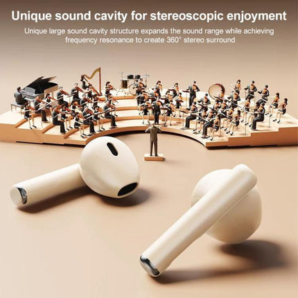Lenovo Wireless Earphones For Commuting And Gym Use showing beige earbuds with orchestra scene illustrating immersive 360° sound