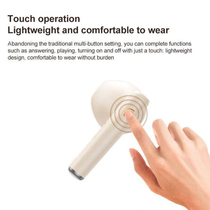 Lenovo Wireless Earphones For Commuting And Gym Use showing touch controls on lightweight white earbud for commuting and gym
