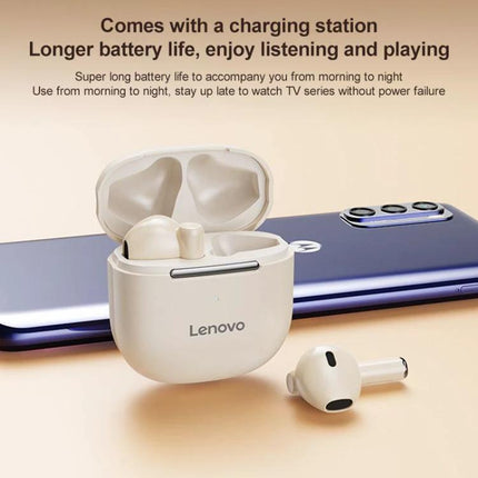 Lenovo Wireless Earphones For Commuting And Gym Use in white with compact charging case shown beside a smartphone, earbuds out