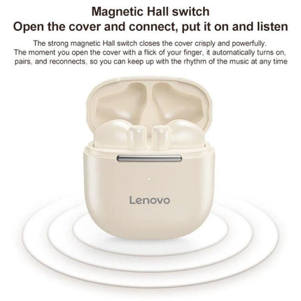 Lenovo Wireless Earphones For Commuting And Gym Use beige earbuds in open compact charging case with magnetic Hall switch