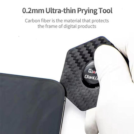 Qianli Multifunctional Carbon Fiber Prying Tool for Devices being used to gently pry open a smartphone with 0.2mm ultra-thin carbon fiber edge