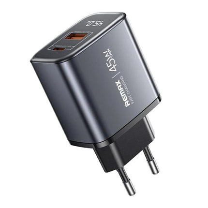 Alt Tag: REMAX Charger for Everyday Device Powering at Home and Travel compact 45W GaN wall charger with USB‑C and USB‑A ports for travel and home use