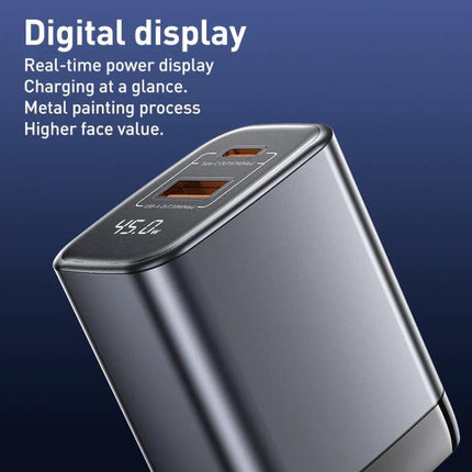 REMAX Charger for Everyday Device Powering at Home and Travel - 45W GaN compact dual-port charger with digital power display for home and travel