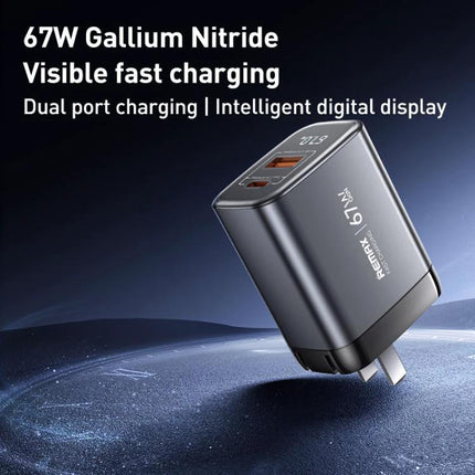 REMAX Charger for Everyday Device Powering at Home and Travel 67W GaN dual-port fast charger with compact travel-friendly design and digital display