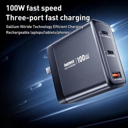 REMAX Charger for Daily Device Powering at Home or Travel 100W GaN three-port compact fast charger for laptop phone tablet