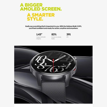 Zeblaze Smart Watch for Everyday Fitness and Daily Connectivity sleek black round AMOLED watch face showing analog-style numbers and sports strap