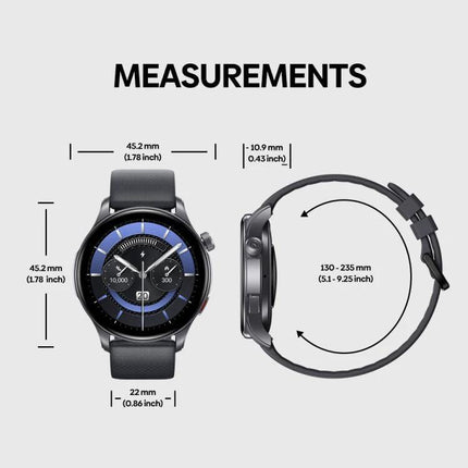 Zeblaze Smart Watch for Everyday Fitness and Daily Connectivity showing watch front, side, and measurements (45.2mm case, 22mm strap, 130–235mm band)