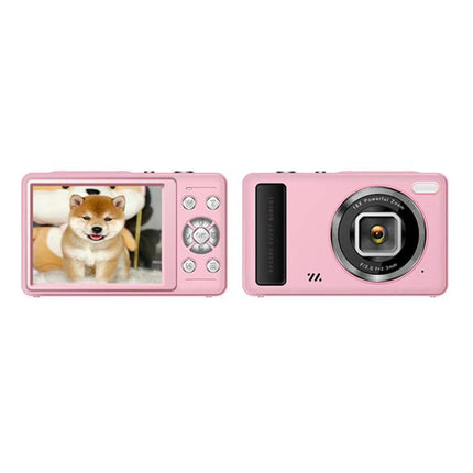 Compact Digital Camera With 2.4 Inch Screen For Everyday Photos in pink showing front lens and rear HD display with dog selfie